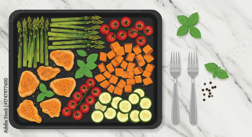 Sheet Pan Dinner Fresh Vegetables and Protein Ready to Bake
