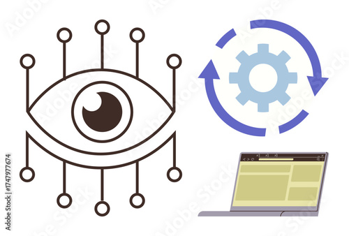 Eye with node connections, gear icon with recycle arrows, and an open laptop screen. Ideal for AI, automation, technology, cyberspace, innovation machine learning and data analysis. Simple flat