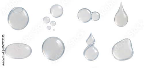 Collection of eight realistic isolated water droplets in various shapes on a white background, ideal for hydration, purity, and liquid-related visual concepts and design projects.
