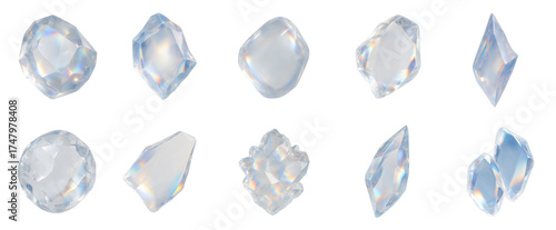 Collection of ten isolated transparent crystal gemstones with various cuts and shapes, featuring realistic reflections and clarity, ideal for jewelry, design, and luxury concepts.