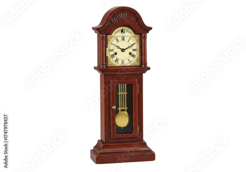 Photos Isolated mahogany Grandfather clock with pendulum, antique time instrument, furn