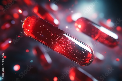 Closeup of Red Pharmaceutical Capsule Pill with Transparent Elements and Shiny Details