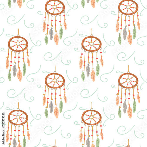 Pattern round dreamcatcher threads, beads, feathers of Native Americans. Colored flat seamless texture. Theme of protection, ritual, totem, amulet, comfort. Historical finds. Nomadic. American Indians