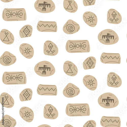 Pattern of stones with images of Native American writing. Colorful flat seamless texture. Theme of drawings, writing on stones. Historical finds. Nomadic. American Indians