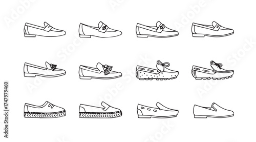 Diverse collection of loafer shoe styles hand sketched for fashion and footwear projects vector