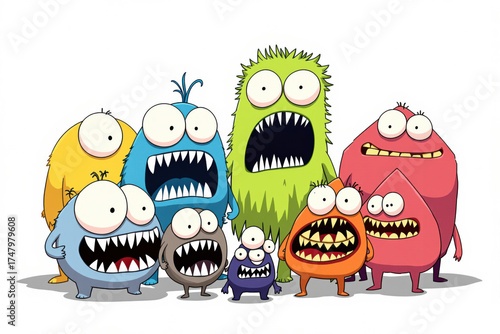 cute colorful monster character in happy, joyful, fun, cheerful facial expressions and horror emoticon in white isolated background