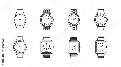 Collection of hand drawn vintage and modern wristwatches with leather and metal bands vector