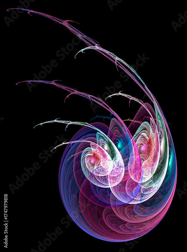 On a black background, a colorful transparent sea fantastic animal, rounded in shape, with tentacles. Graphic design element. 3D rendering. 3D illustration.