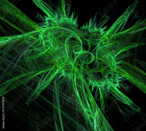 Abstract fractal dynamic background with green spirals and swirls on a black background. 3D rendering. 3D illustration.