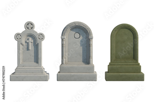 Three weathered stone monuments stand in a row, evoking history and solemn remembrance.