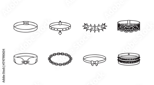 Collection of eight delicate hand drawn fashion bracelets and bangles sketch style line art vector