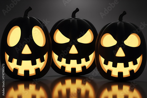 Three grinning jack-o'-lanterns glow warmly against a dark, spooky Halloween backdrop.