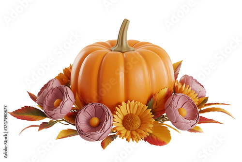 Vibrant orange pumpkin surrounded by autumnal flowers and foliage, representing harvest and seasonal beauty.