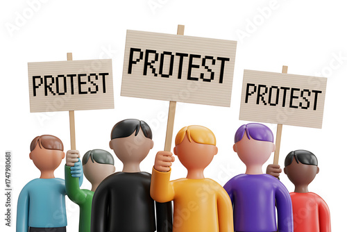 Group of figures holding signs displaying 