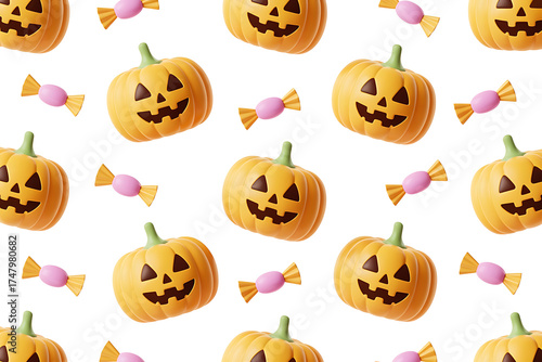 Orange pumpkins with carved faces and pink candies create a festive Halloween pattern.