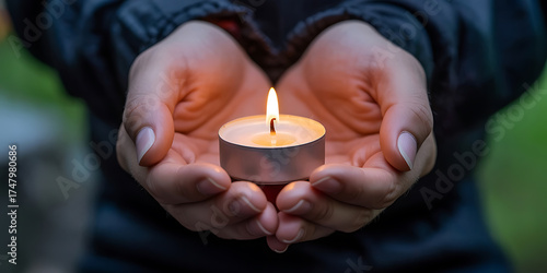 Gentle hands cradle a flickering candle flame, symbolizing hope, warmth, and quiet resilience.