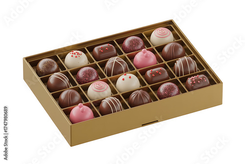 Assorted chocolate truffles in a box, showcasing various colors and decadent textures.