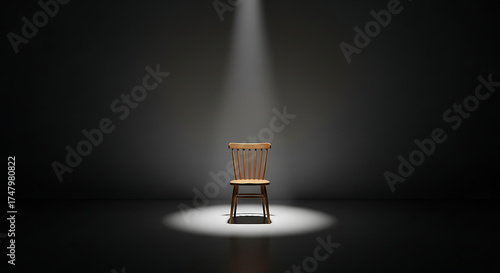 A single wooden chair sits illuminated by a spotlight in a dark, empty room, emphasizing isolation and focus