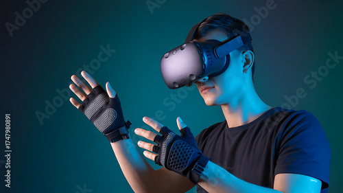 Person immersed in virtual reality, utilizing headset and controllers, exploring digital worlds.