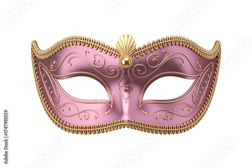 Elegant pink and gold masquerade mask, ornate design, conveying mystery and festive celebration.