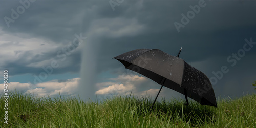 A swirling vortex dominates a stormy sky above lush green grass, with an open umbrella.