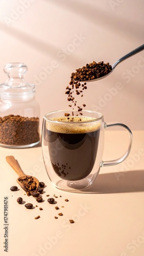 Instant coffee granules being poured into a double-walled glass coffee mug.  A clear glass jar of coffee granules and a wooden spoon with coffee beans are in the scene.  