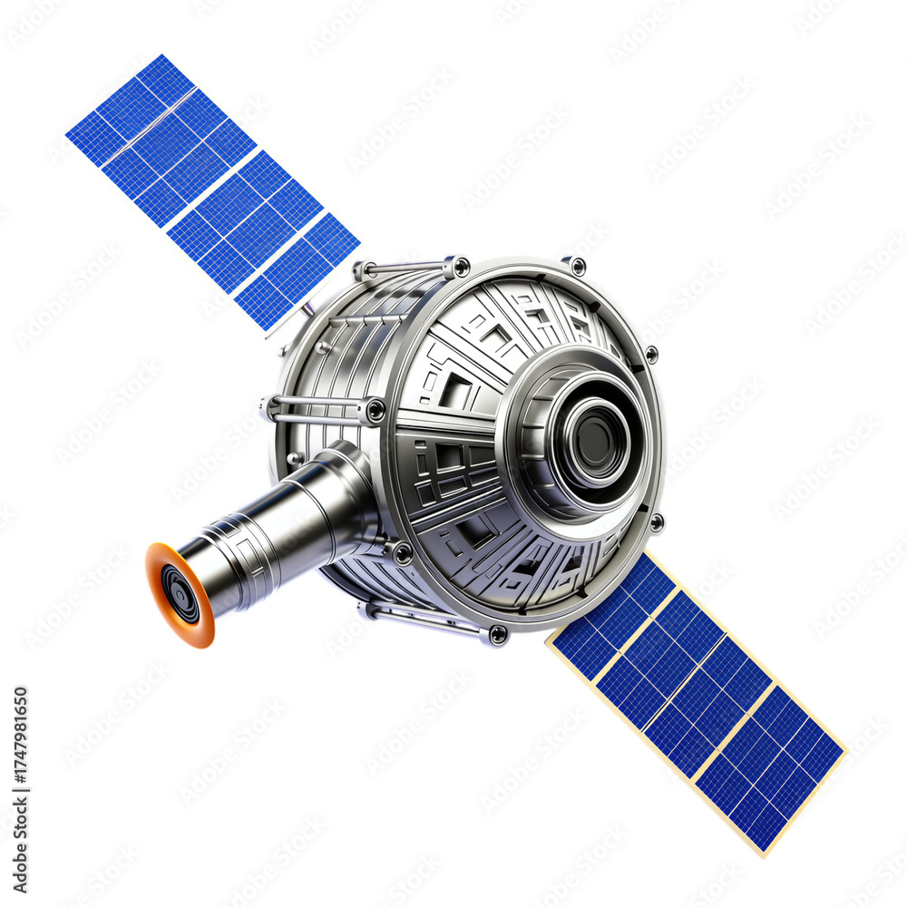 Fototapeta premium Silver Satellite with Blue Solar Panels on Transparent Background, 3D Realism Space Asset