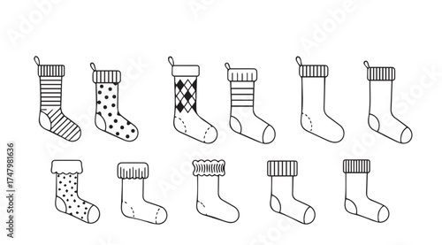 Collection of festive christmas stockings with various patterns for holiday decoration design vector