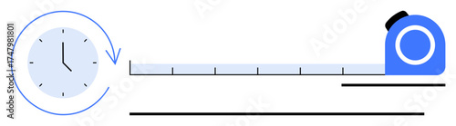 Clock with arrow indicating time flow, tape measure for length, showcasing measurement, time management, planning, productivity, efficiency, organization and precision. Simple flat metaphor