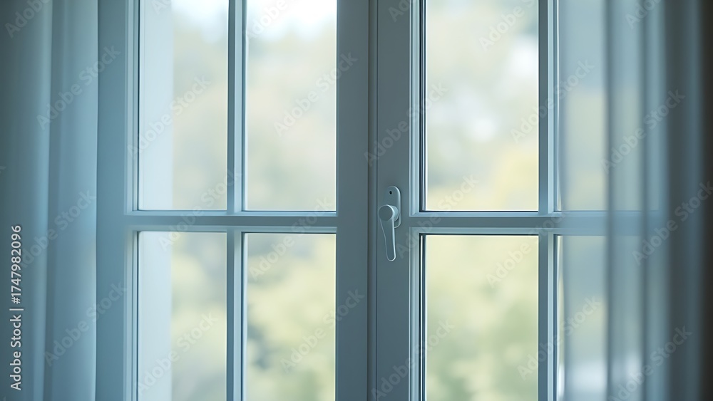 Fototapeta premium A closed window in a simple room with natural ambient light filtering through.