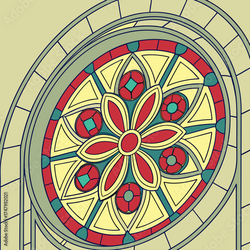 thick leading lines, intricate patterns, jewel-toned reds, blues, greens, and yellows
