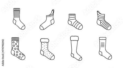 Collection of eight hand-drawn sock icons with various patterns and styles vector