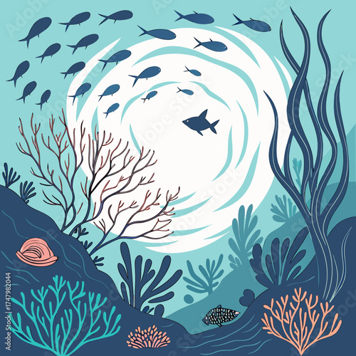  fish silhouettes forming symmetrical patterns, aquatic blues, deep greens
