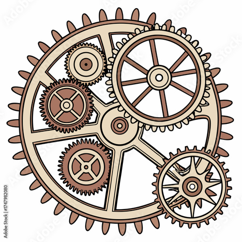 clockwork mechanisms, metallic textures, brass, copper, and aged