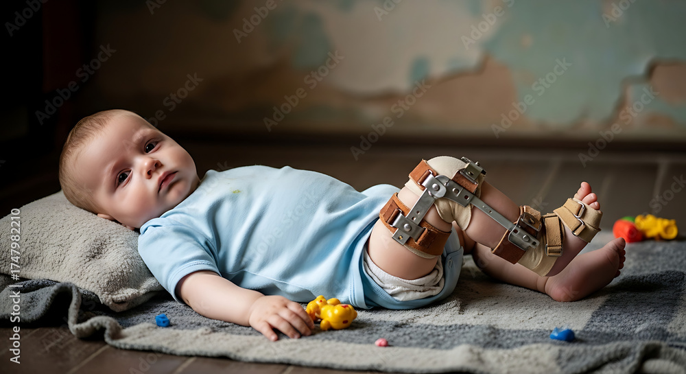 Naklejka premium A baby lies on a blanket with a robotic prosthetic leg, surrounded by toys in a room with a distressed wall