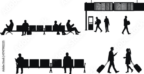 Airport silhouette illustration, travelers waiting with luggage, flight information board, people walking, travel lifestyle, journey concept, transportation hub, passenger scene