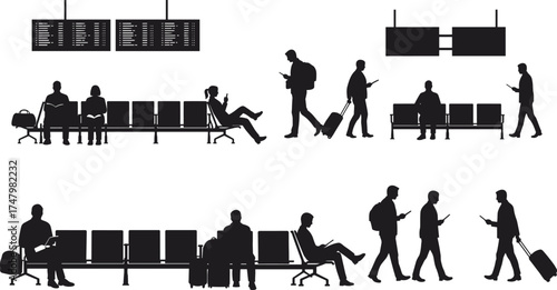 Airport silhouette illustration, travelers with luggage, people waiting at terminal, flight information board, travel lifestyle, journey concept, transportation hub, passenger scene