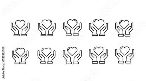 Set of ten hand drawn heart icons in caring hands for love charity and health concepts vector