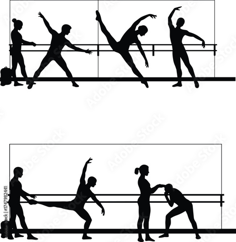 Ballet practice silhouettes, dance training, barre exercises, graceful dancers, stretching, choreography, instructor guidance, performance preparation, artistic movement, classical dance discipline