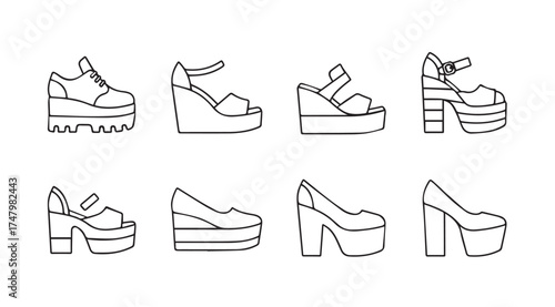 Collection of eight retro platform shoes and sandals sketches for fashion design inspiration vector