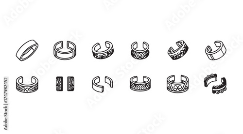 Collection of ten distinctive abstract ring designs and bracelets isolated studio shot vector