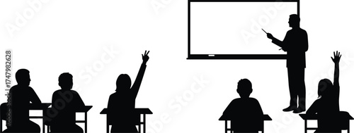 Classroom silhouette illustration, teacher pointing at whiteboard, students raising hands, education concept, school learning, academic study, teaching interaction, knowledge sharing