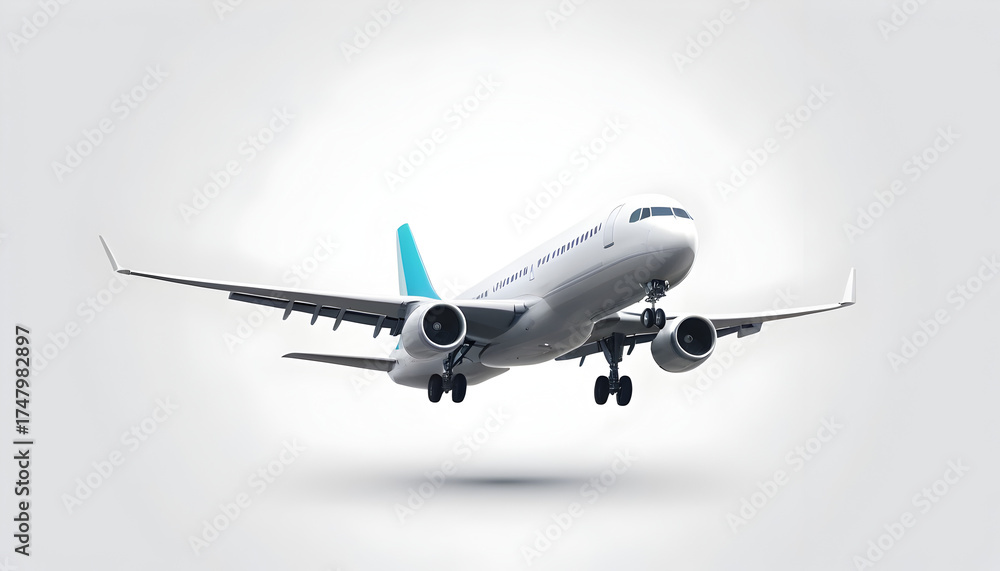 Obraz premium Commercial Passenger Airplane Flying in Bright Sky with White Cloud Background