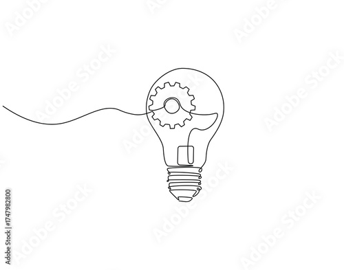 Continuous one line drawing of lamp bulb with gears machine inside. One line drawing illustration of bulb and gears machine mix. Innovation on progress concept single line. Editable outline
