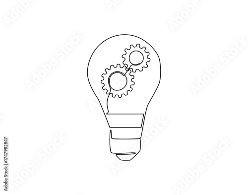 Continuous one line drawing of lamp bulb with gears machine inside. One line drawing illustration of bulb and gears machine mix. Innovation on progress concept single line. Editable outline