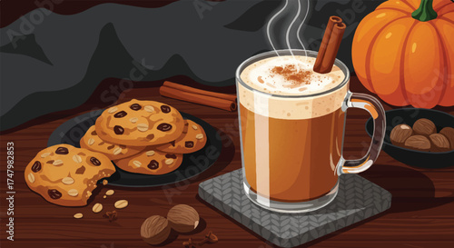 Pumpkin Spice Latte with Cookies and Cinnamon Sticks, Autumn Still Life Illustration
