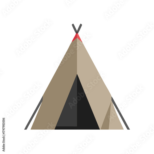 Camp Teepee Shelter in Nature: Simple geometric illustration of a classic teepee tent against a clean background, evokes feelings of adventure and outdoor exploration