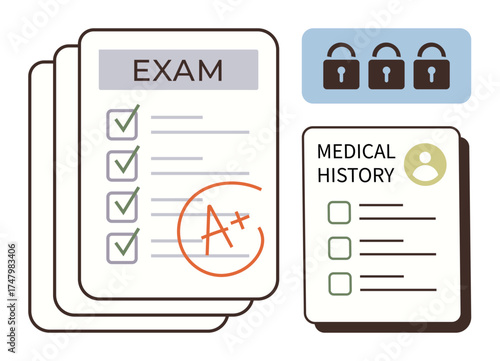 Organized exam result sheets with grades, a medical history document, and privacy locks emphasizing data security. Ideal for education, healthcare, data privacy, security, records, confidentiality