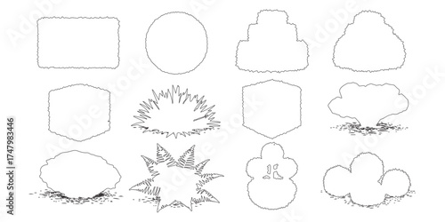 CAD Drawings. Outline Set of bush and shrub. hedge, round shrub, layered bush, flowering bush, trimmed cube bush, spreading plant, desert shrub, fern bush. Vector illustration.