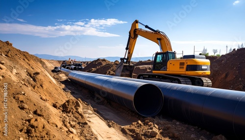 Large black pipes installed in construction trench indicate progress on infrastructure project